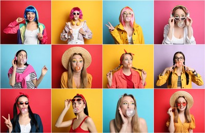 Collage with photos of women with bubblegum on color backgrounds
