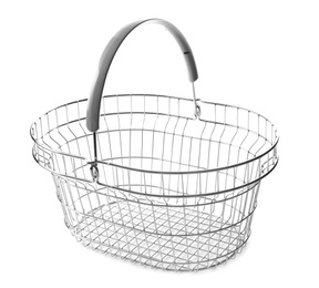 Empty metal shopping basket on white background