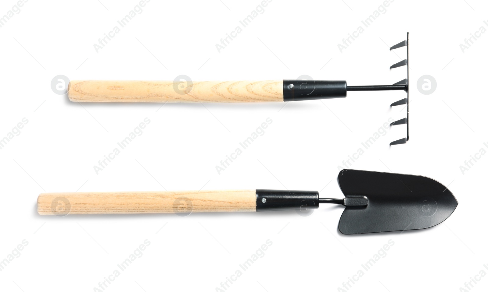 Photo of New rake and trowel on white background. Professional gardening tools