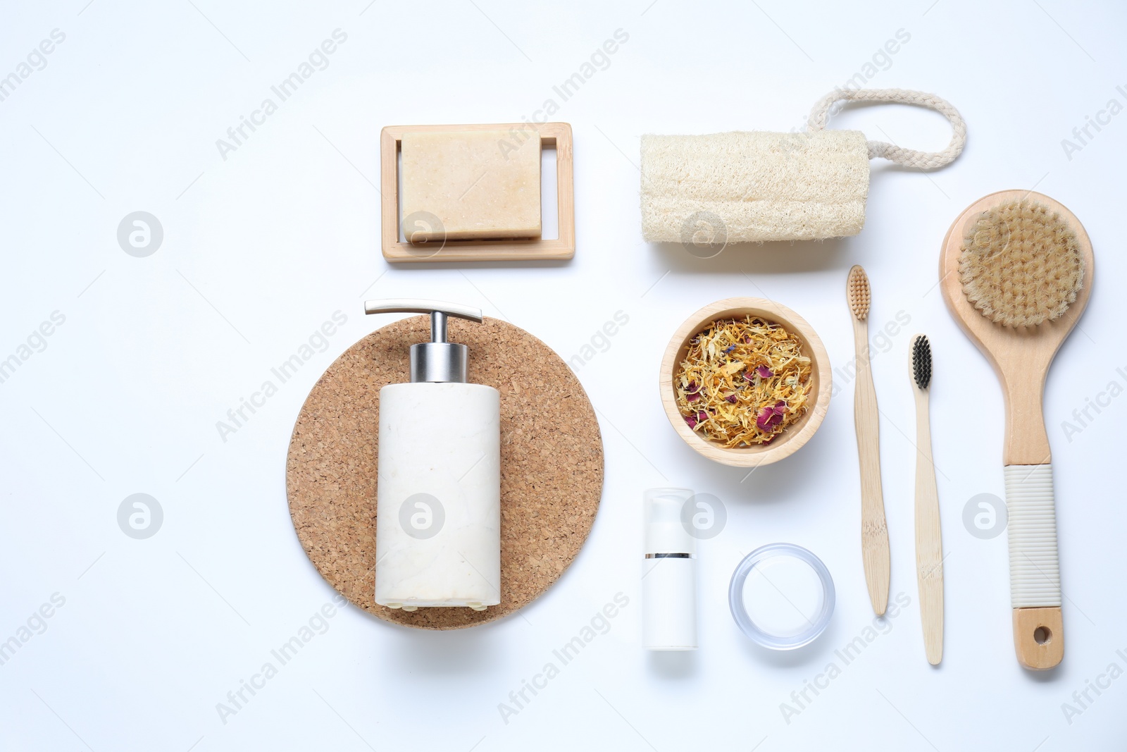 Photo of Bath accessories. Flat lay composition with personal care products on white background