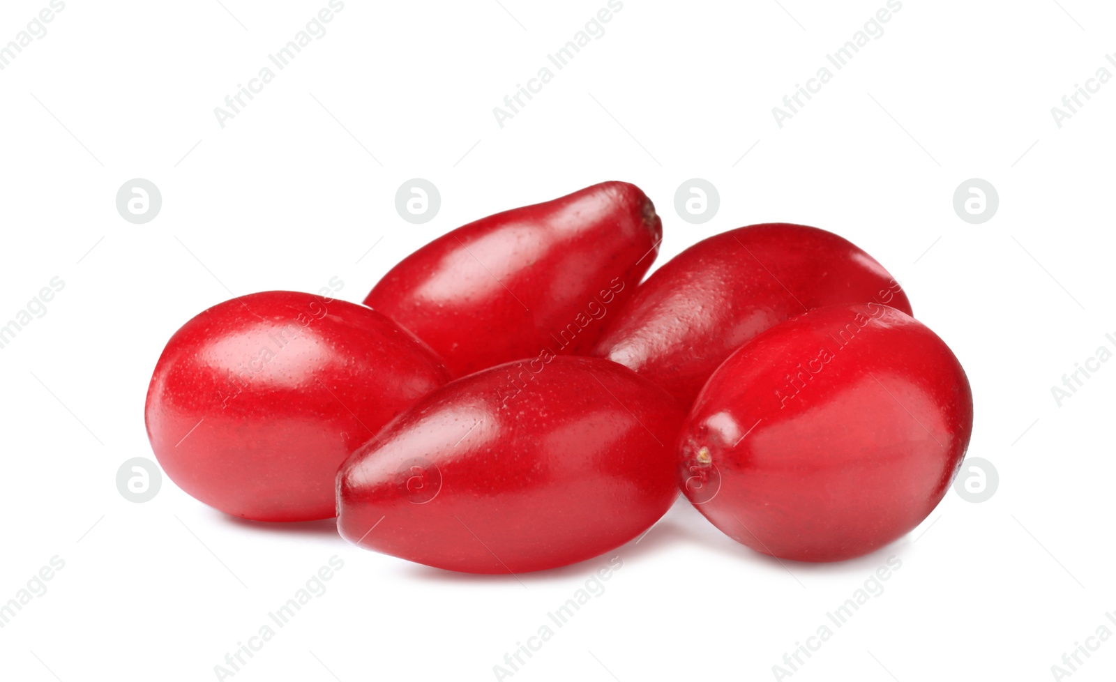 Photo of Pile of fresh ripe dogwood berries on white background