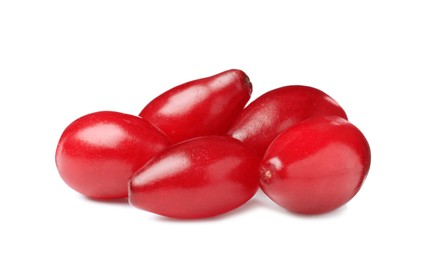 Pile of fresh ripe dogwood berries on white background