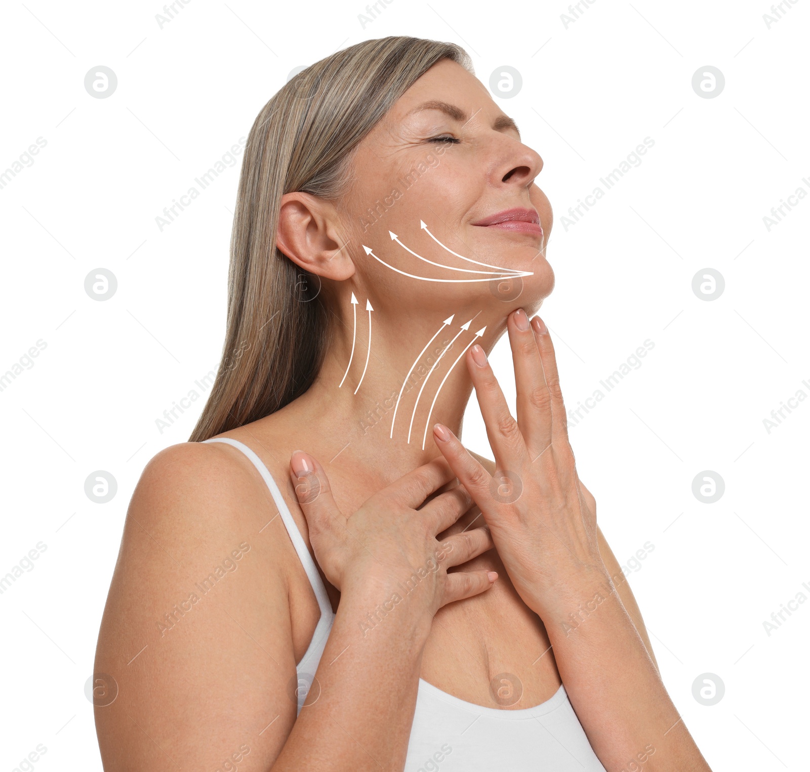 Image of Woman with perfect skin after cosmetic treatment on white background. Lifting arrows on her neck and face