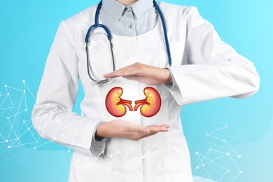 Image of Closeup view of doctor and illustration of kidneys on light blue background
