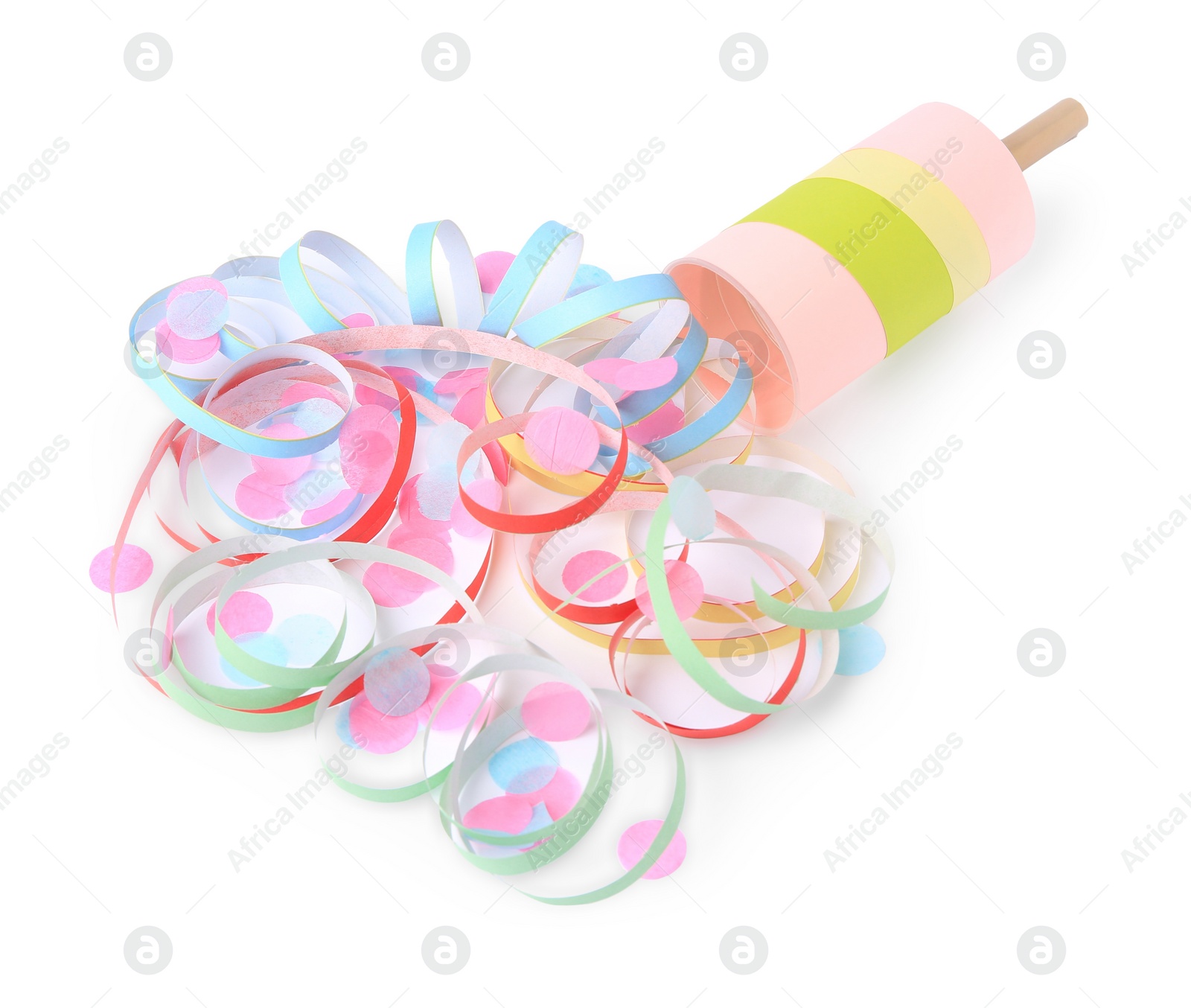 Photo of Colorful confetti and streamers with bright party cracker isolated on white, above view