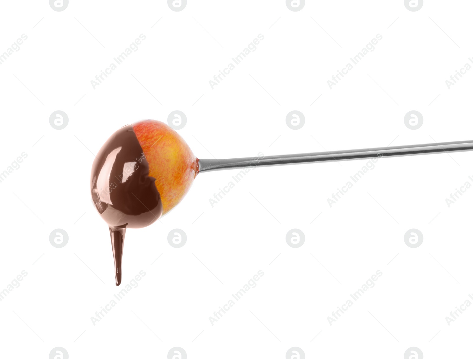 Photo of Tasty grape dipped into chocolate fondue on white background