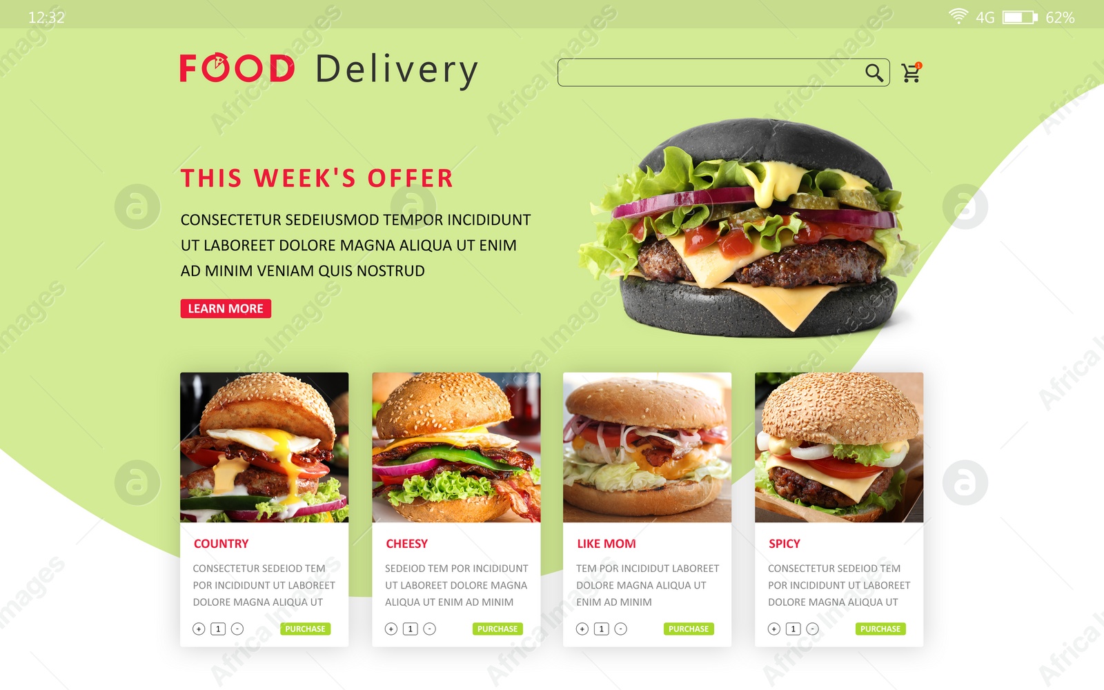 Image of Food delivery app. Display with appetizing menu