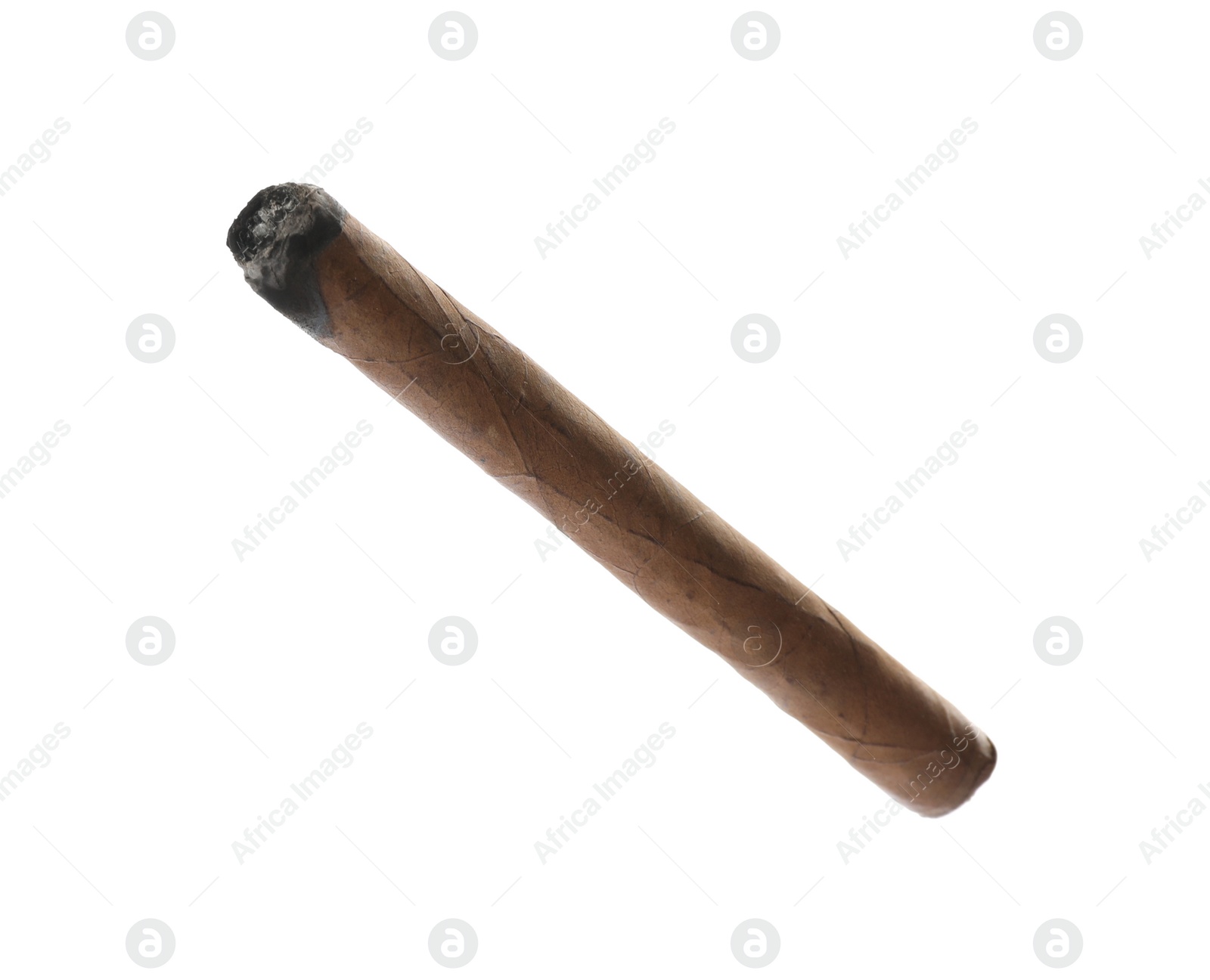 Photo of One brown cigar smoldering isolated on white