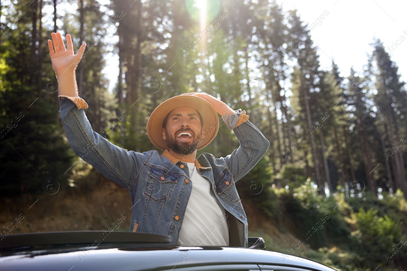 Photo of Enjoying trip. Happy man leaning out of car roof on sunny day