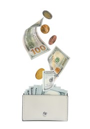 Image of Dollar banknotes and coins falling into purse on white background