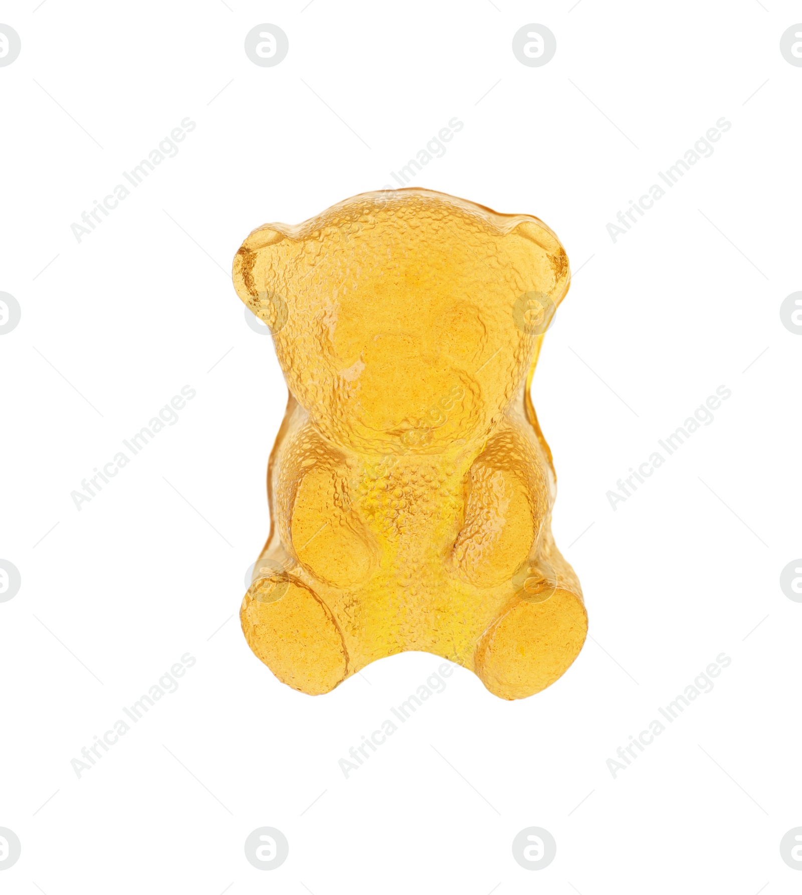 Photo of Delicious orange gummy bear candy isolated on white