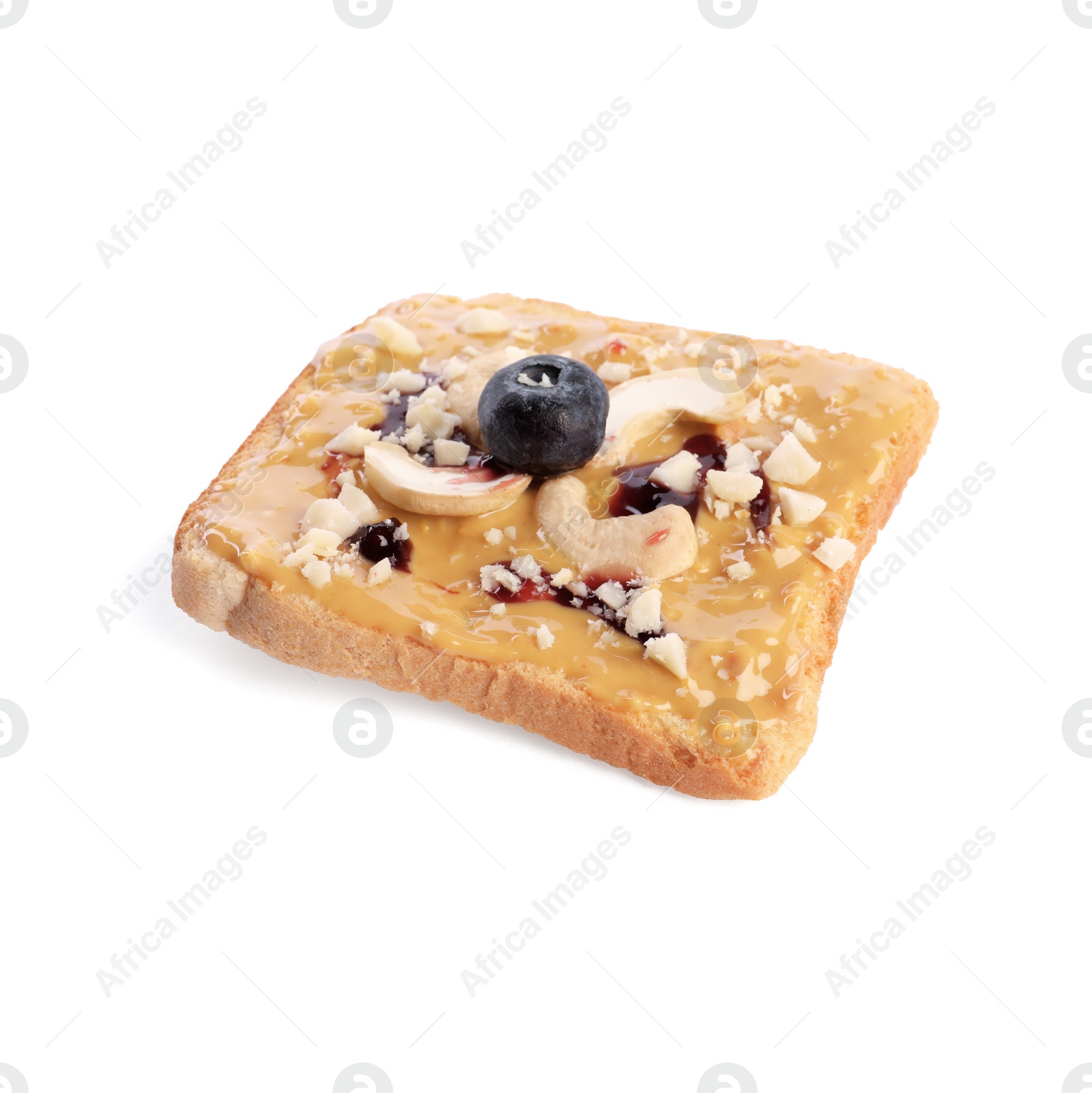 Photo of Toast with tasty nut butter, blueberry and cashews isolated on white