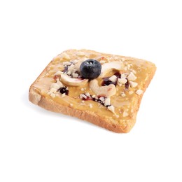 Photo of Toast with tasty nut butter, blueberry and cashews isolated on white