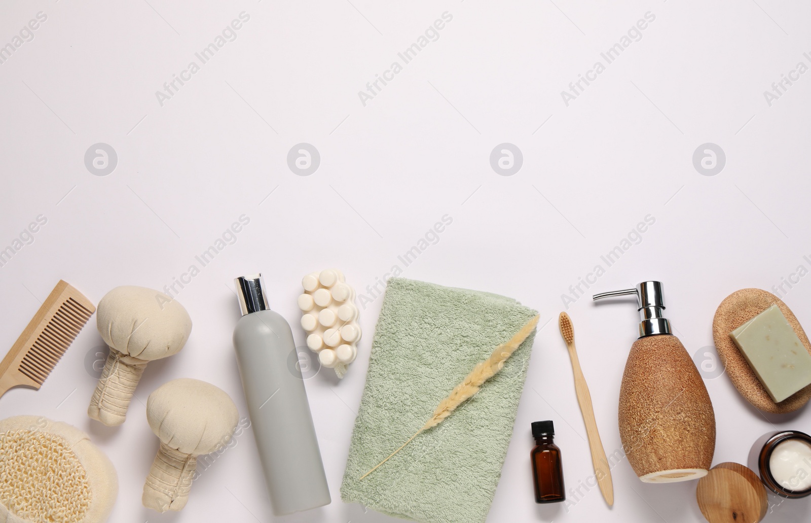 Photo of Bath accessories. Different personal care products and dry spikelet on white background, flat lay with space for text