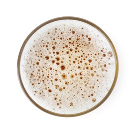 Photo of Full glass of beer isolated on white, top view