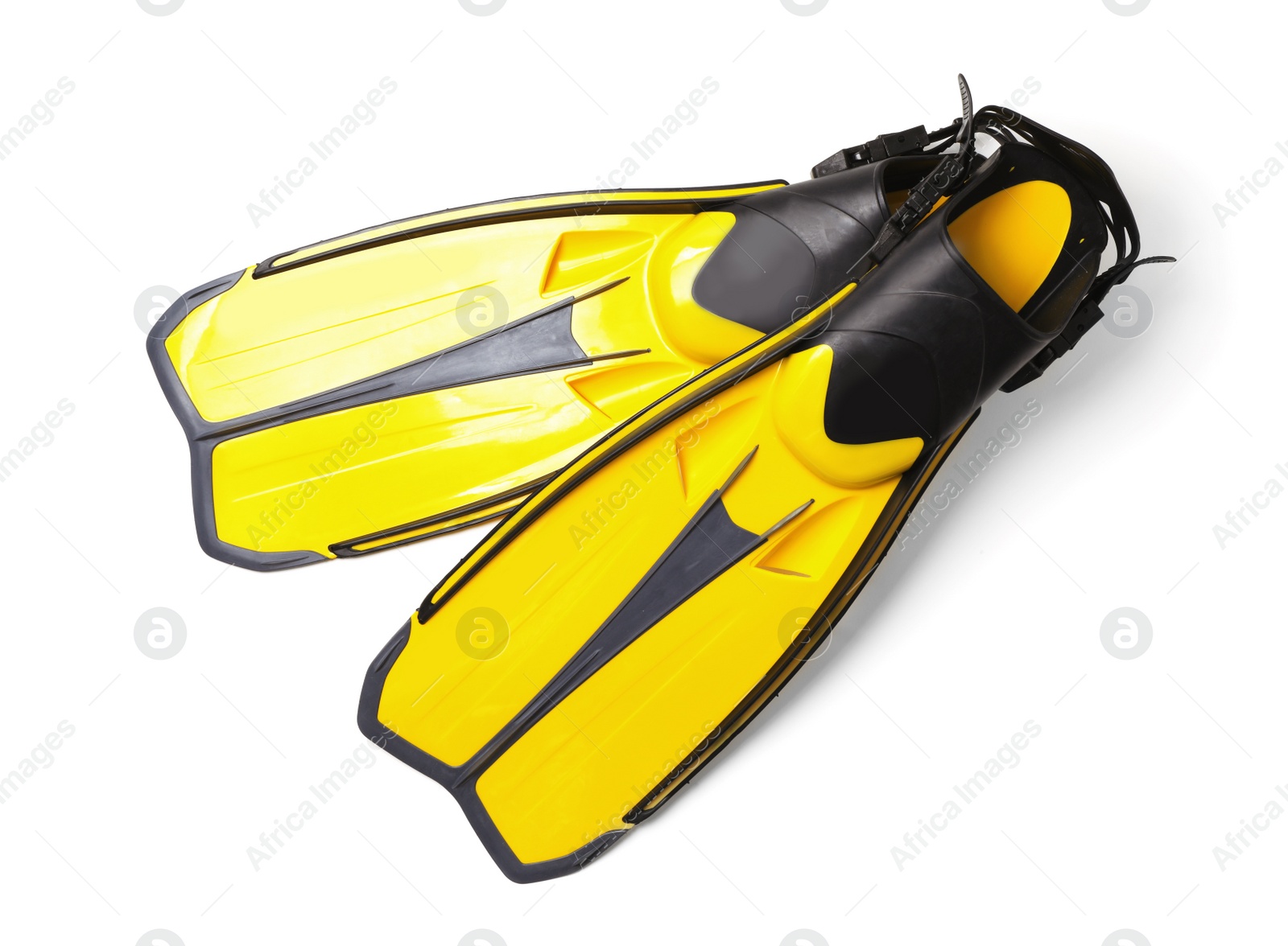 Photo of Pair of yellow flippers on white background, top view