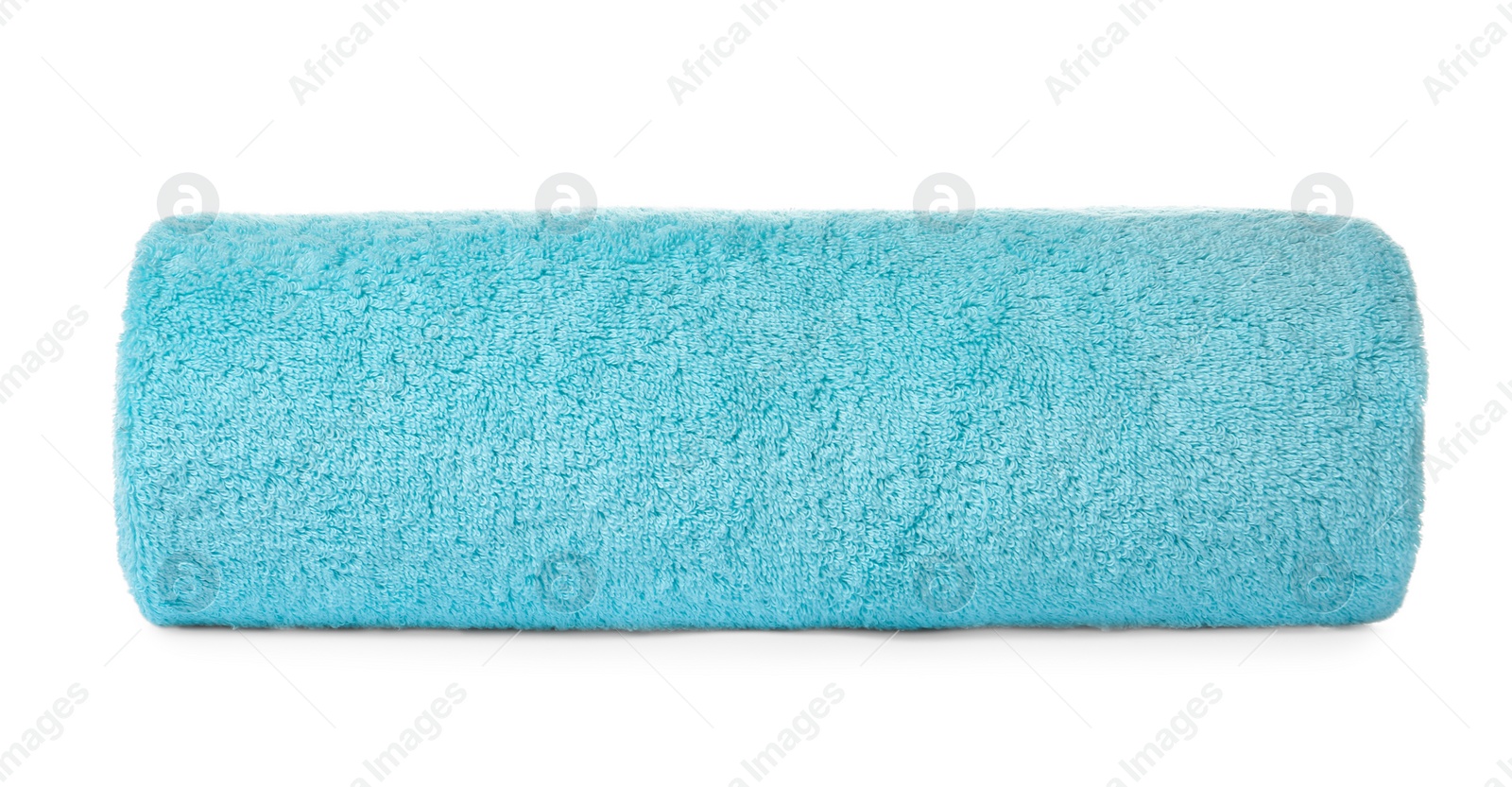 Photo of Rolled clean turquoise towel on white background