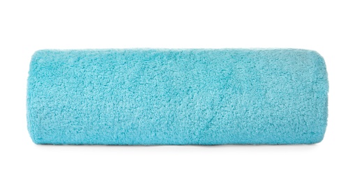 Rolled clean turquoise towel on white background