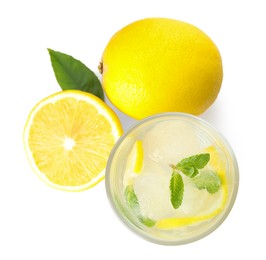 Cool freshly made lemonade and fruits on white background, top view