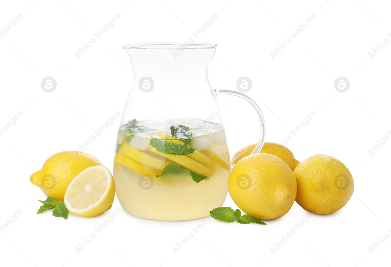 Photo of Natural lemonade with mint and fresh fruits on white background. Summer refreshing drink