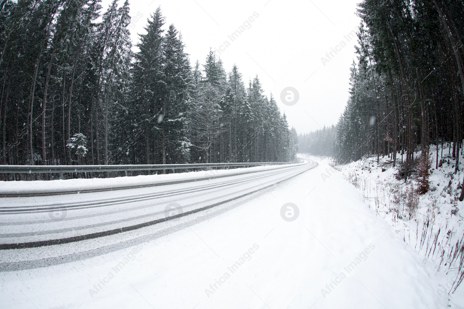 Photo of Beautiful landscape with conifer forest and road on snowy winter day