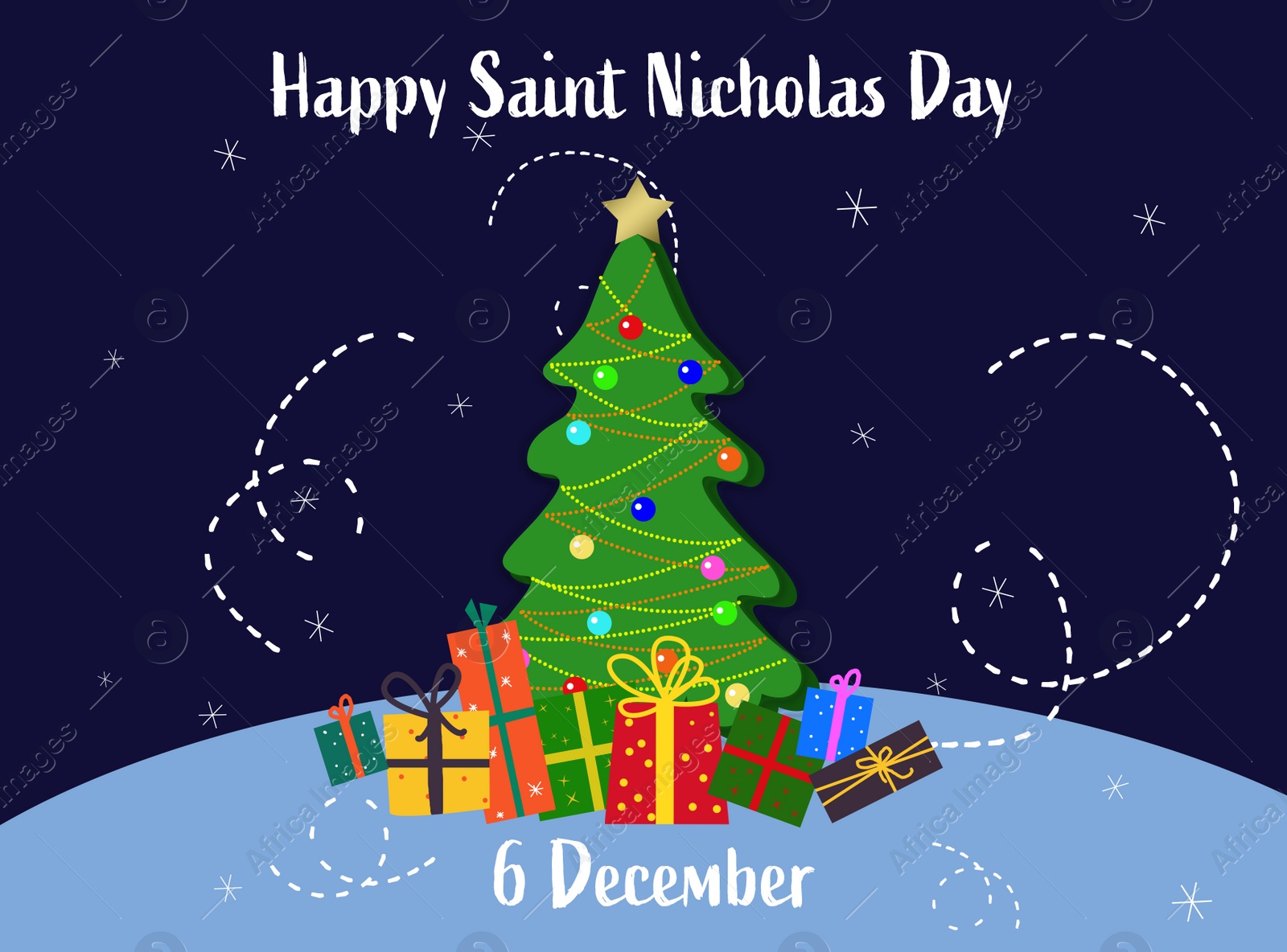 Illustration of Christmas tree and presents on dark blue background, illustration. Saint Nicholas Day card design