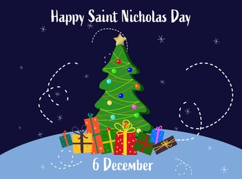 Illustration of Christmas tree and presents on dark blue background, illustration. Saint Nicholas Day card design