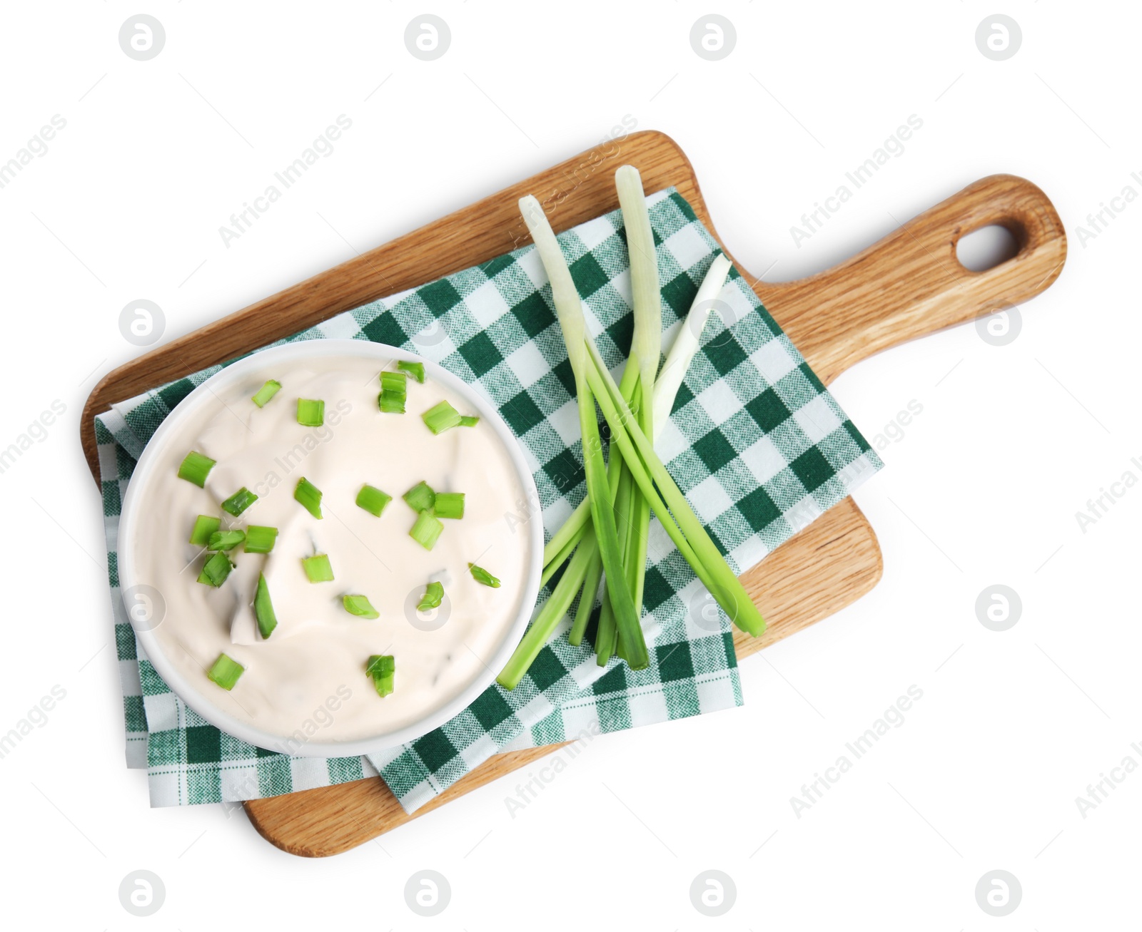 Photo of Fresh sour cream with onion on white background, top view