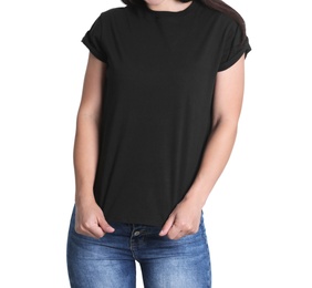 Photo of Young woman in black t-shirt on white background. Mockup for design
