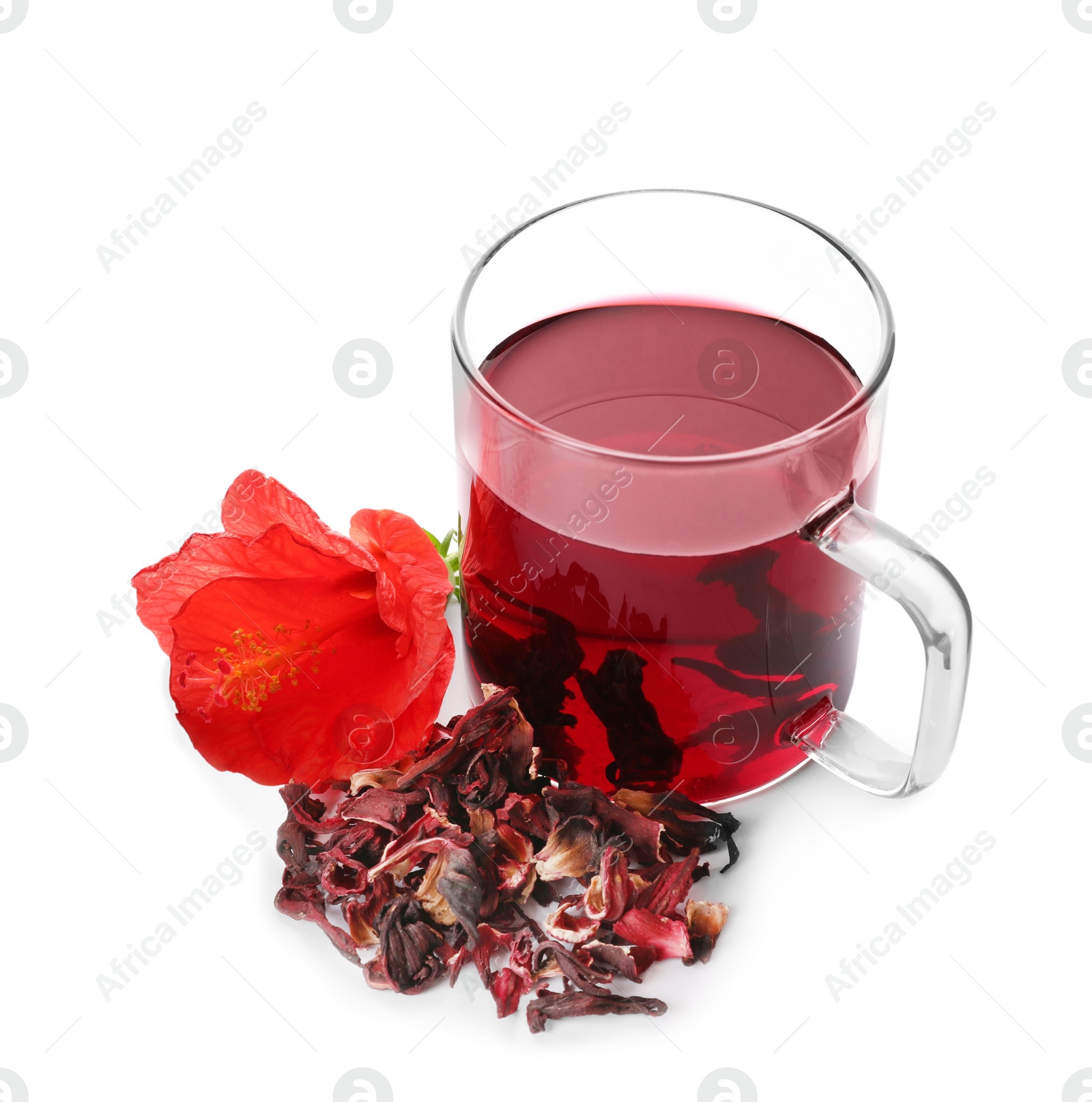 Photo of Delicious hibiscus tea and dry flowers on white background