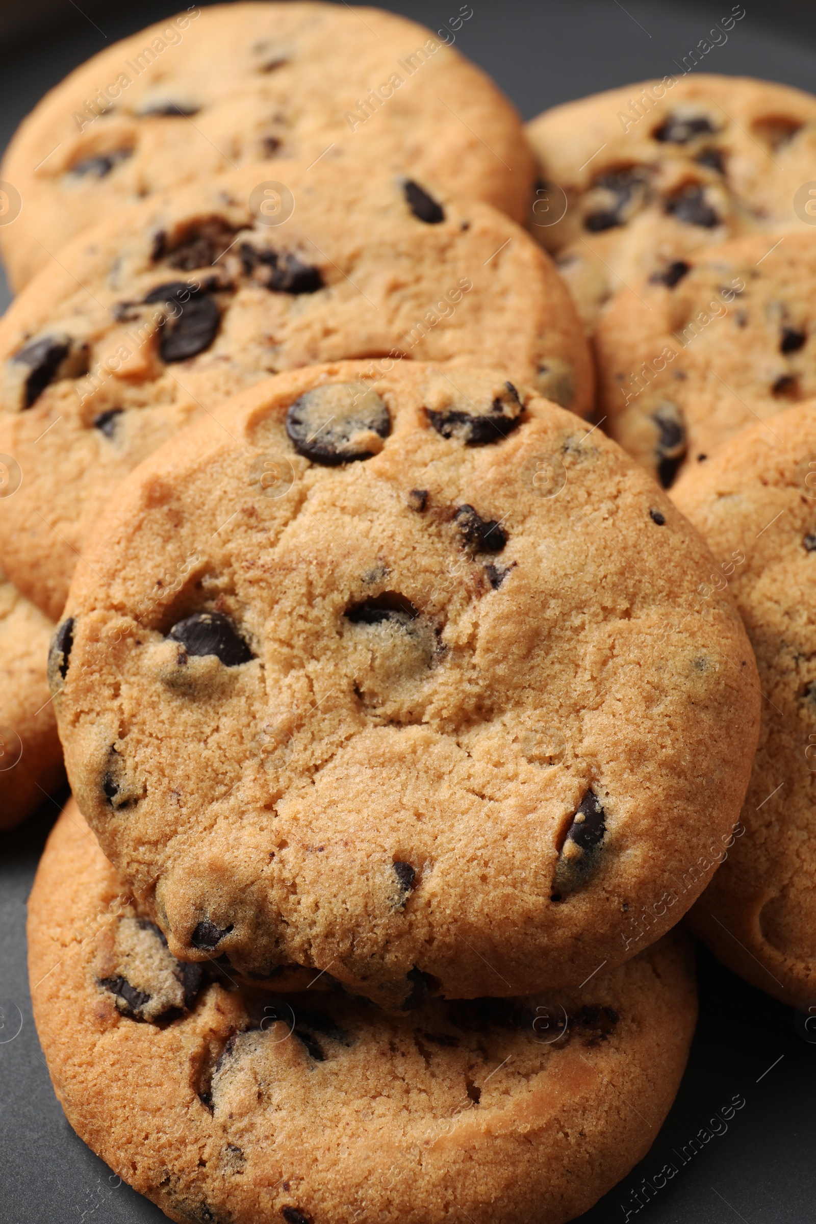 Photo of Delicious chocolate chip cookies on grey plate, closeup