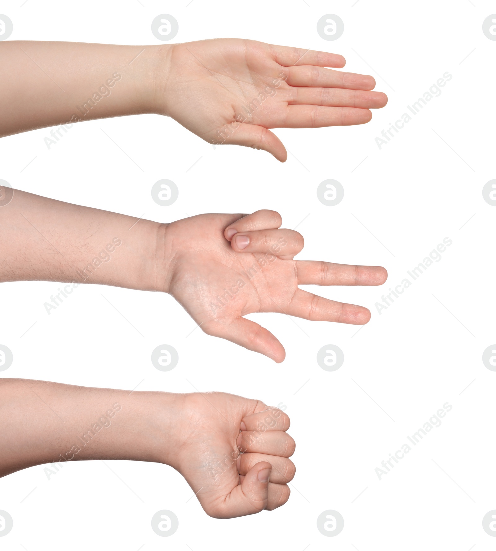 Image of People playing rock, paper and scissors on white background, closeup