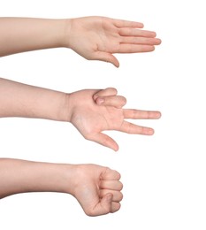 Image of People playing rock, paper and scissors on white background, closeup