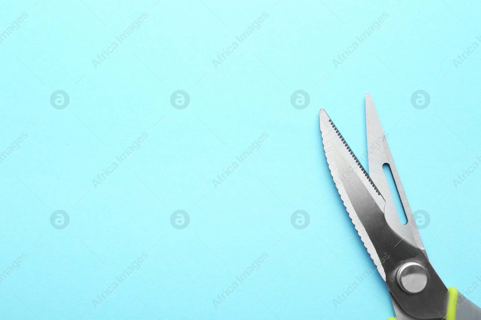 Photo of Kitchen scissors on color background, top view. Space for text