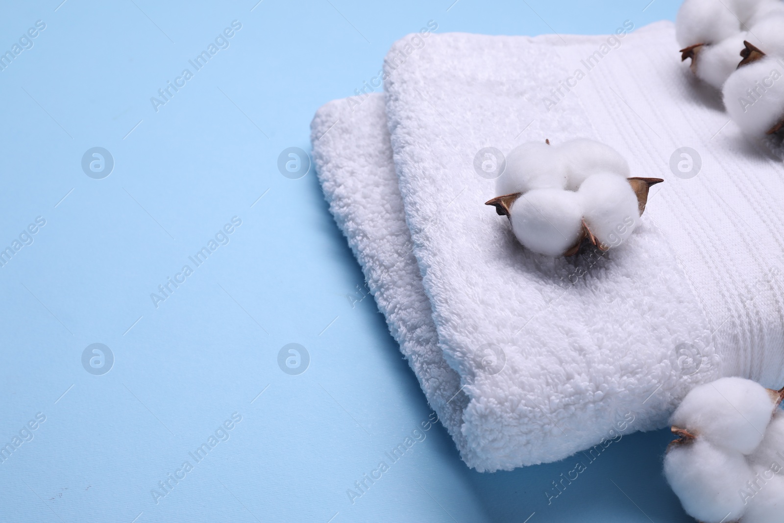 Photo of Fluffy cotton flowers and white terry towel on light blue background, closeup. Space for text