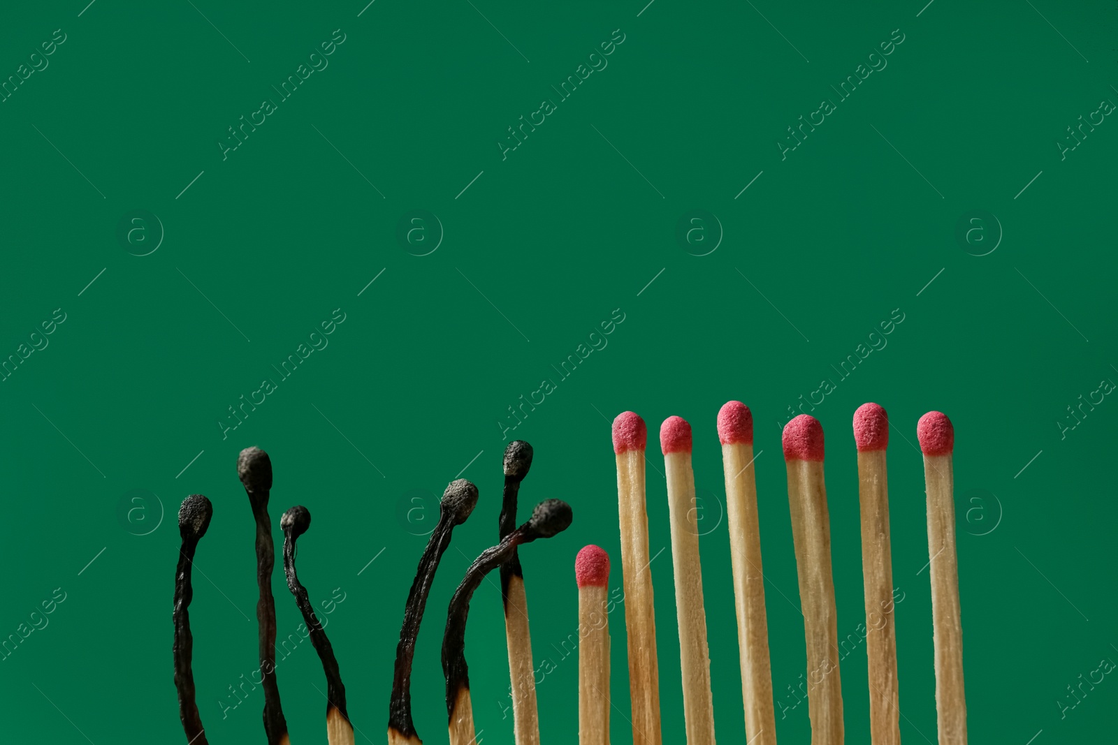 Photo of Burnt and whole matches on green background, space for text. Stop destruction concept