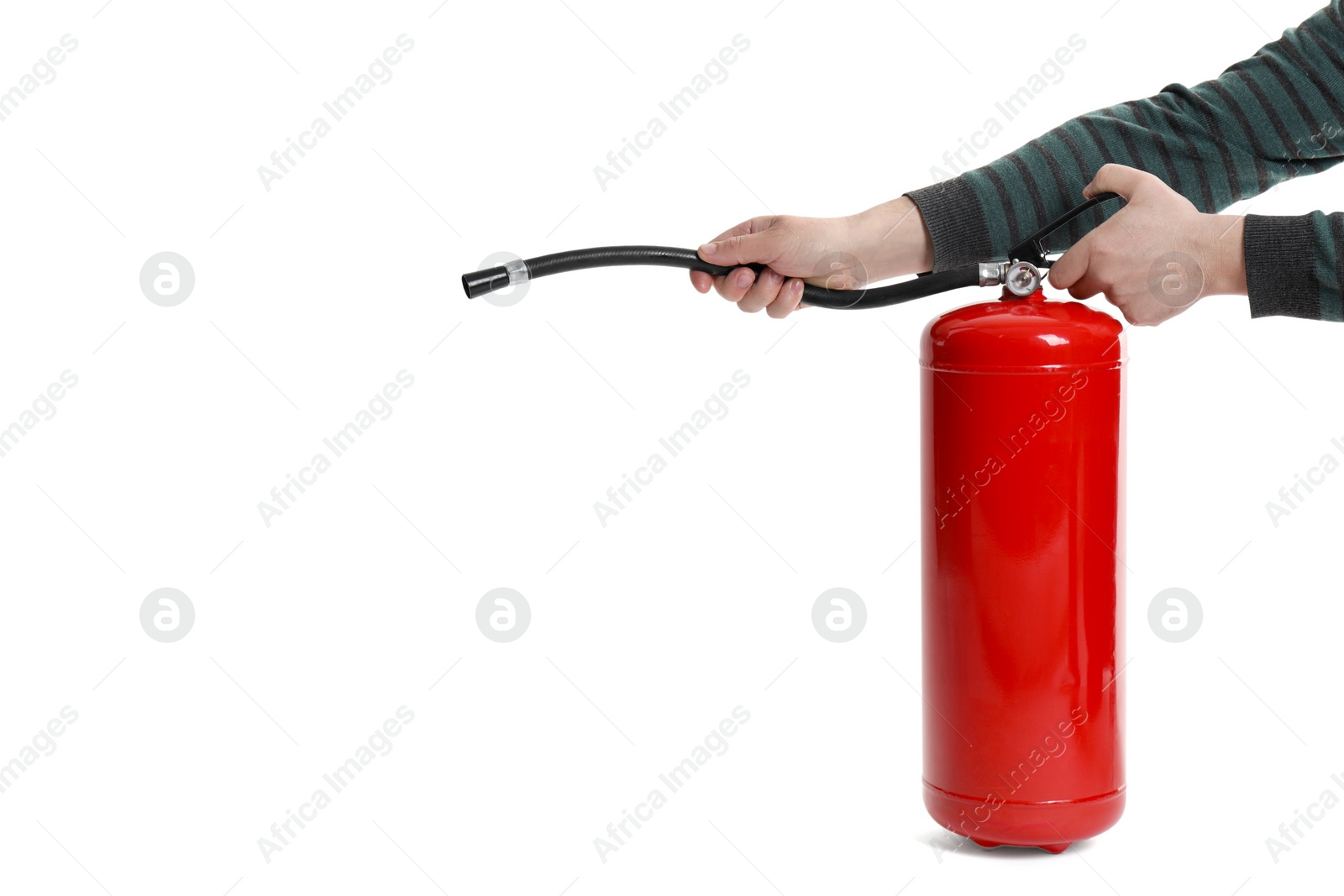 Photo of Man with fire extinguisher on white background, closeup