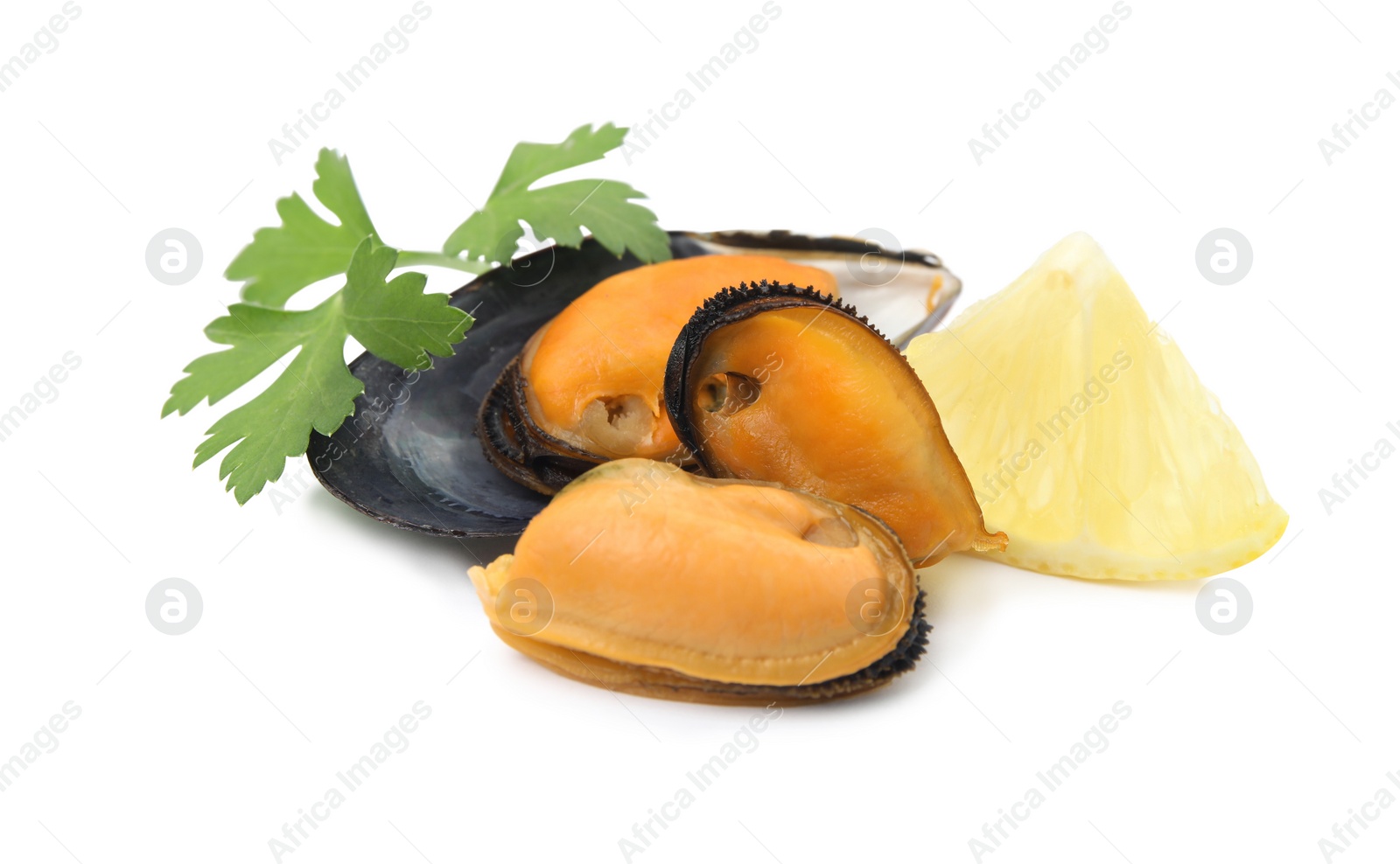 Photo of Delicious cooked mussels with parsley and lemon on white background