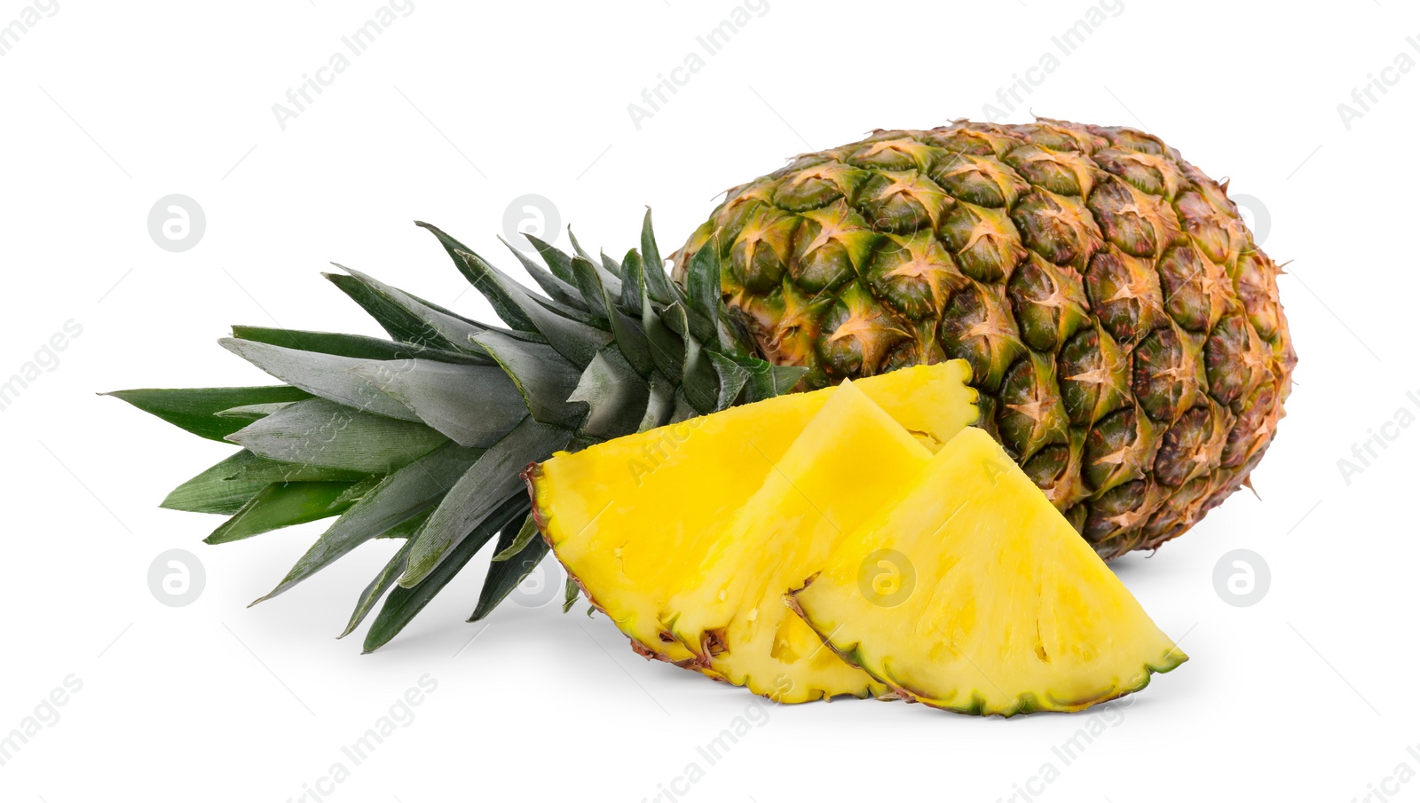 Photo of Whole and cut ripe pineapples isolated on white