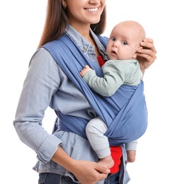 Photo of Mother holding her child in sling (baby carrier) on white background, closeup