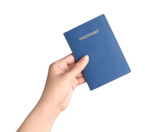 Photo of Woman holding Ukrainian travel passport on white background, closeup