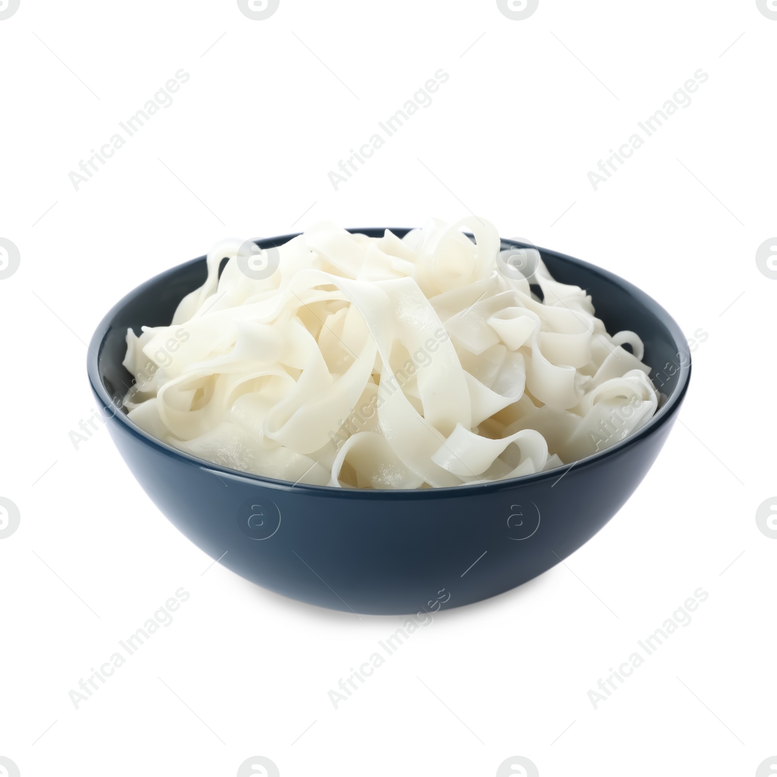 Photo of Bowl with rice noodles isolated on white