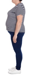 Photo of Overweight woman on white background, closeup. Weight loss