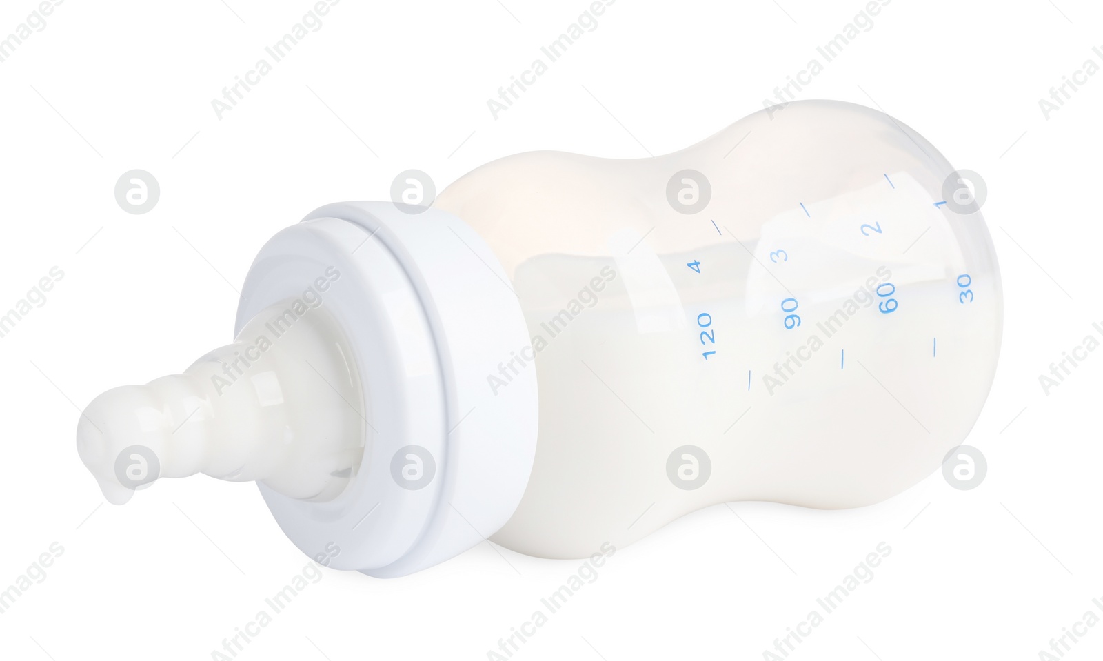 Photo of Feeding bottle with dairy free infant formula on white background, closeup