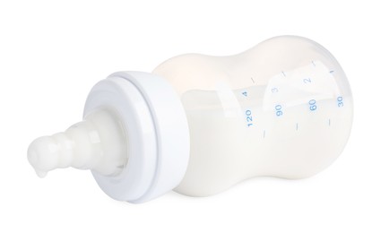 Photo of Feeding bottle with dairy free infant formula on white background, closeup