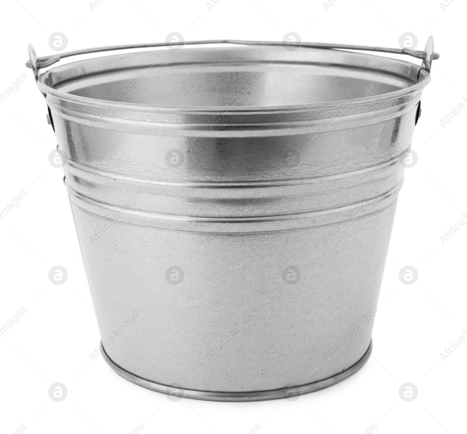 Photo of One shiny metal bucket isolated on white