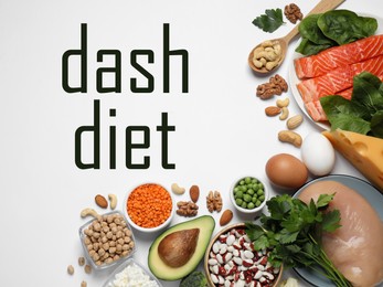 Dietary approaches to stop hypertension. Healthy food and words Dash diet on white table, flat lay