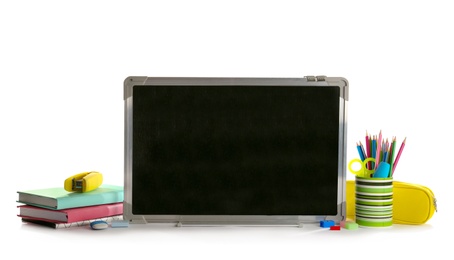 Photo of Small chalkboard and different school stationery on white background