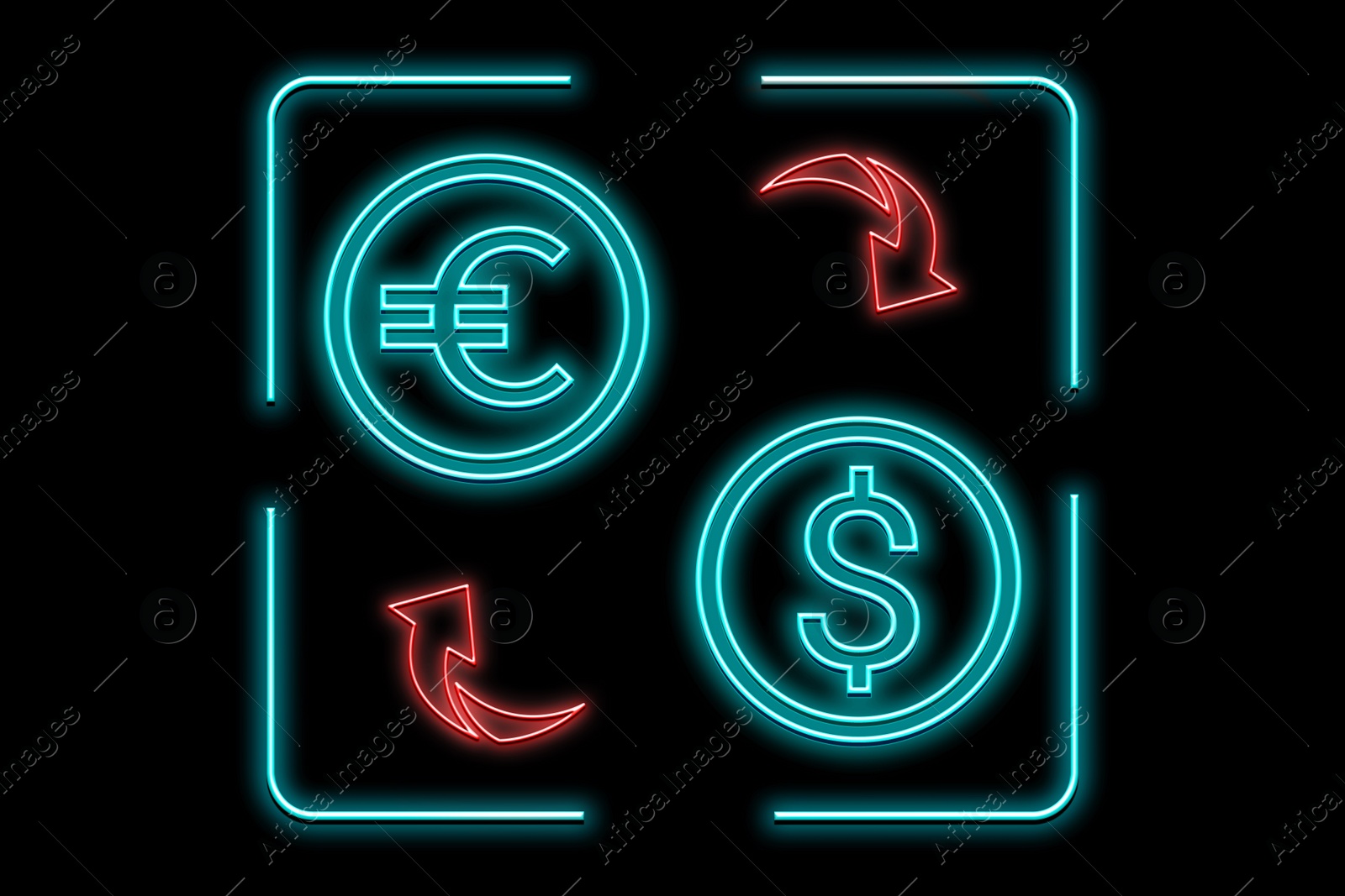 Image of Money exchange neon sign. Red arrows, light blue euro and dollar symbols on black background