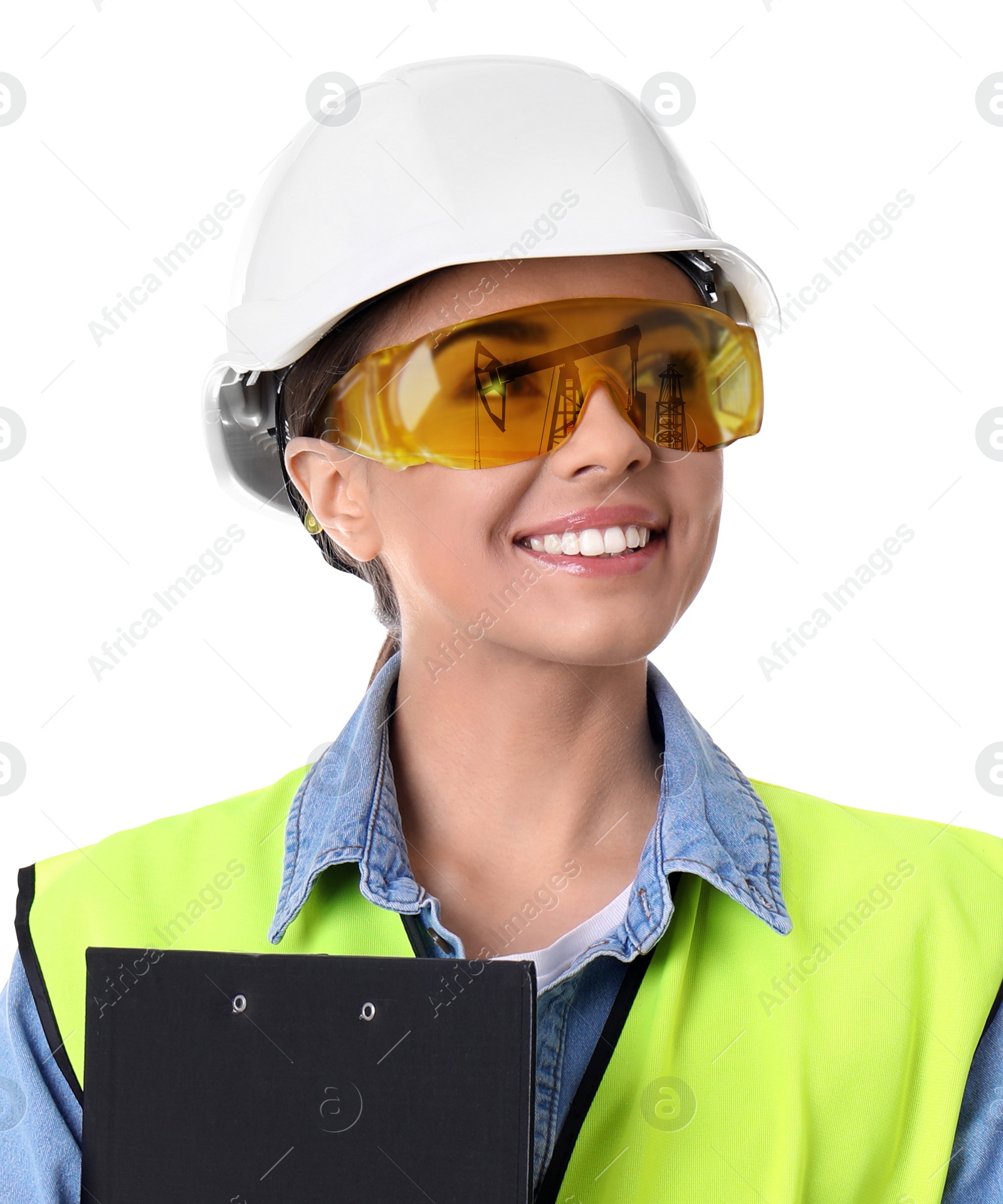 Image of Woman wearing uniform and reflection of crude oil pumps in her goggles on white background. Double exposure